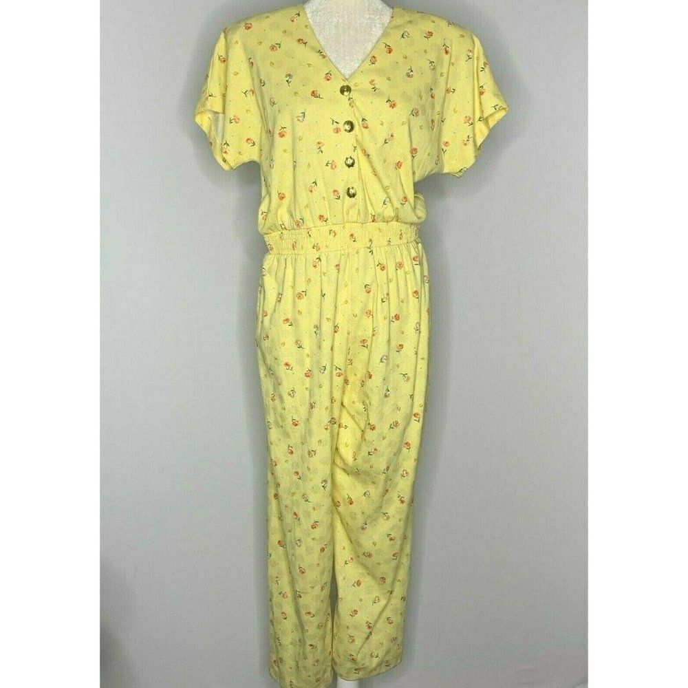 Vintage 80s Floral Cotton Jumpsuit L Yellow V Neck